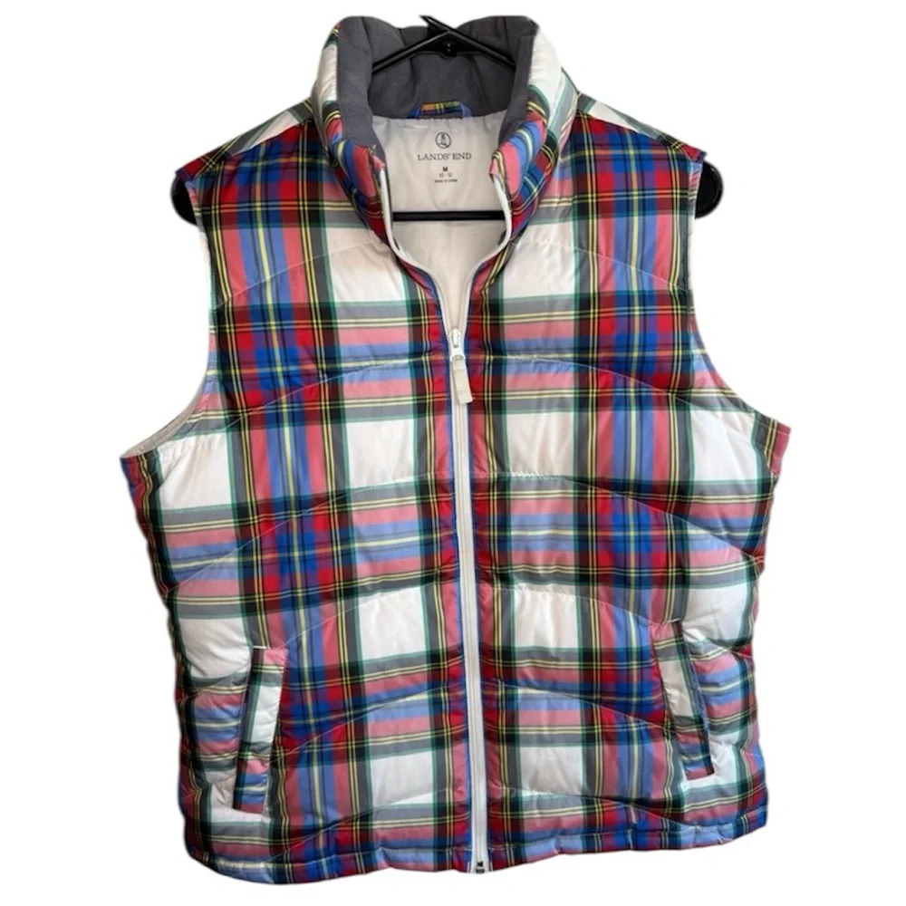 Lands' End Plaid Puffer Vest Full Zip Size M Down Filled‎ Red Blue White